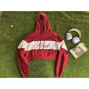 PINK Victoria's Secret Hoodie Womens Small Red White Cropped Colorblock Script